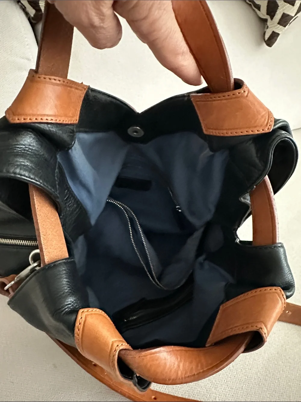 CHRISTOPHER KON BLACK AND CAMEL LEATHER CROSSBODY BAG